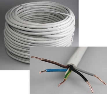 Stromleitung "NYM-J", 50m, isoliert 5G1,5, grau, Außen-Ø 9,5mm, Ring