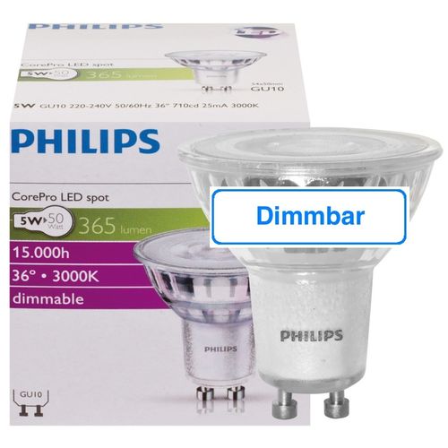 Philips LED-Reflektorlampe, PAR16, GU10/230V, 5W, 365 lm, 3000k, dimmbar